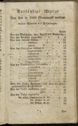 Vorläufige Anzeige Von den in dieser Grammatik vorkommenden Materien und Abtheilungen.