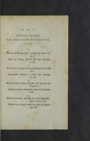 Catalogue raisonnée von Kotzebue´s Schauspielen.