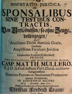 Disp. iur. de sponsalibus sine testibus contractis