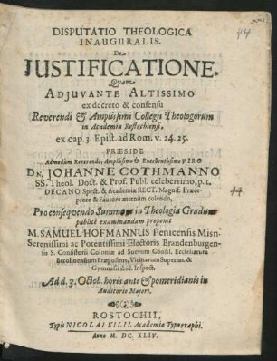 Disputatio Theologica Inauguralis. De Iustificatione