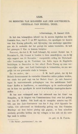 LXII. De minister van kolonien aan den gouverneur-generaal van Nerderl. Indie