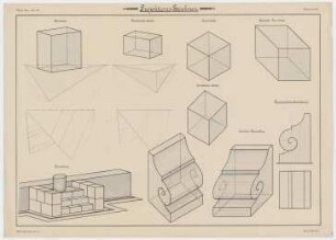 Projektions-Zeichnen. : Bez.: Trimetrisch., Trimetrisch, schräg., Isometrisch., Cavalier-Perspective., Isometrisch, schräg., Rechtwinkliche Darstellung., Trimetrisch., Cavalier-Perspective., Städt. Gewerbeschule, Guido Hertel., Blatt Nr. 22., Wint. Sem. 1901-02.