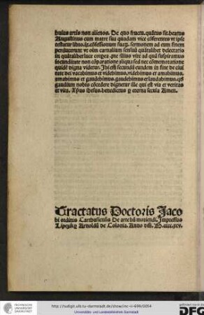 Tractatus doctoris Jacobi ordinis Carthusiensis De arte bene moriendi. Impressus Lipczik per Arnoldum de Colonia anno domini M.cccc.xcv.