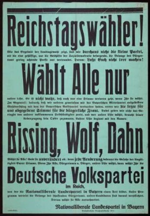 "Reichstagswähler!" Wahlplakat für die Liste der Deutschen Volkspartei