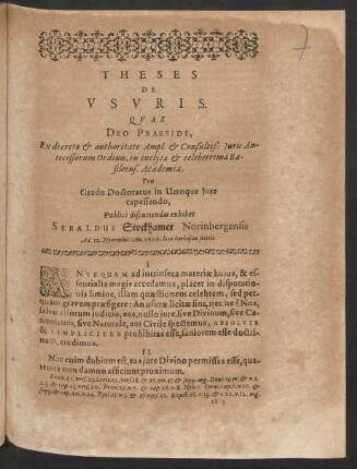 Theses De Usuris. [...] Sebaldus Stockhamer Norinbergensis