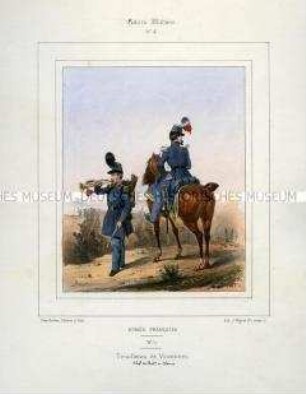 Uniformdarstellung, Trompeter und Offizier des Schützen-Bataillons von Vincennes, Königreich Frankreich, 1840/1847. Tafel Nr. 2 aus: Galerie Militaire.