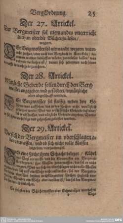 Der 27. Artickel. Der Bergmeister sol niemandts unterricht zuthun oder die Bücher zu lesen/ wegern.