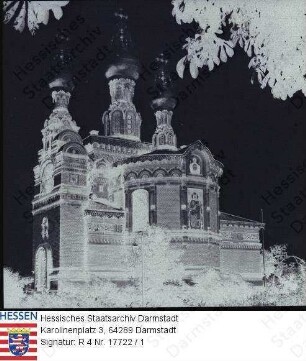 Darmstadt, Mathildenhöhe / Bild 1-2: russische Kapelle / Bild 3: Schwanentempel / Bild 4: Wasserbecken mit Mosaik