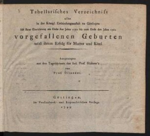 2,3: Denkwürdigkeiten für die Heilkunde und Geburtshülfe, [2,3], Tabellarisches Verzeichnis aller in der Königl. Entbindungsanstalt zu Göttingen seit ihrer Einrichtung am Ende des Jahrs 1751 bis zum Ende des Jahrs 1762 vorgefallenen Geburten nebst ihrem Erfolg für Mutter und Kind