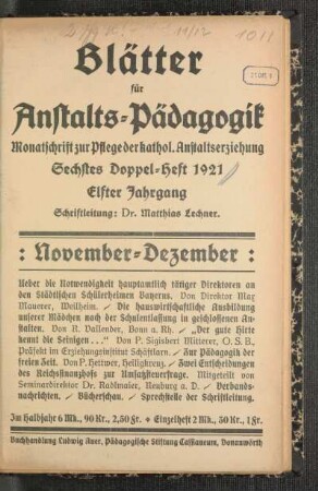 November-Dezember: Sechstes Doppelheft 1921