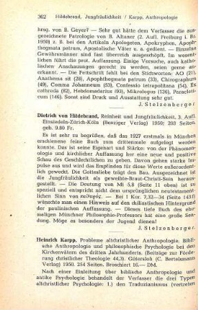 362-363 [Rezension] Karpp, Heinrich, Probleme altchristlicher Anthropologie