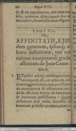 Caput VII. De Affinitatis, Eiusdem generum, ipsiusq[ue] arboris definitione, nec non ratione computandi gradus affinitatis de Iure Canonico