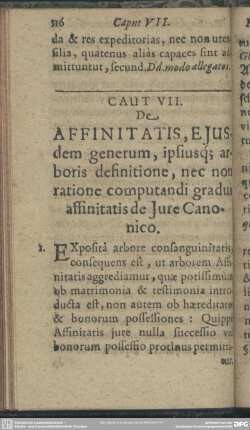 Caput VII. De Affinitatis, Eiusdem generum, ipsiusq[ue] arboris definitione, nec non ratione computandi gradus affinitatis de Iure Canonico