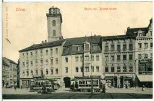 Zittau. Markt mit Johannisturm und Straßenbahnen