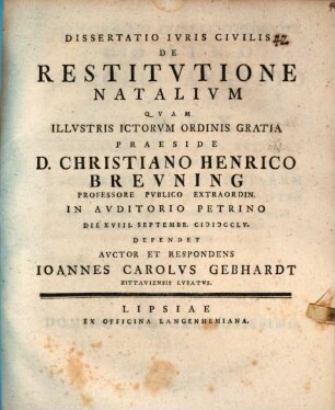 Dissertatio ivris civilis De restitvtione natalivm