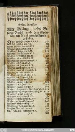 Erstes Register Aller Gesänge dieses Gesang-Buchs, nach dem Alphabeth, wie sie auf ihren Blättern zu finden.