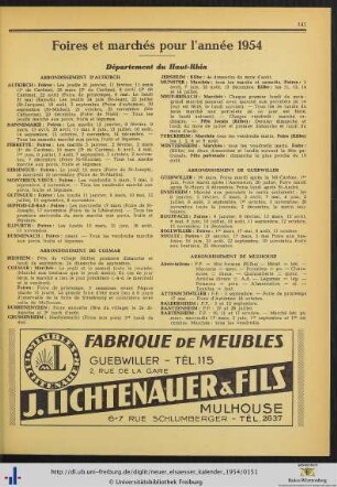 Foires et marchés pour l'année 1954.