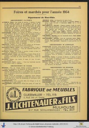 Foires et marchés pour l'année 1954.