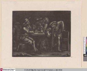 [Drei Trinker am Tisch sitzend; Four peasants in an interior]