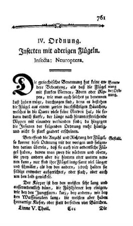 [Fünfte Classe], IV. Ordnung, Insecten mit aderigen Flügeln