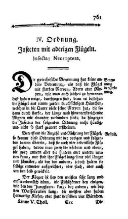 [Fünfte Classe], IV. Ordnung, Insecten mit aderigen Flügeln