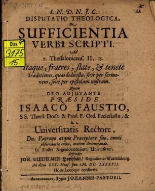 Disp. theol. de sufficientia verbi scripti : ad 2 Thessalonicens. II, 15