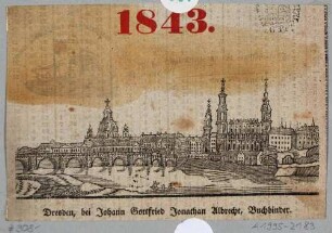 Titelblatt eines Kalenders aus dem Jahre 1843, mit einer Ansicht von Dresden nach Südost auf die Altstadt