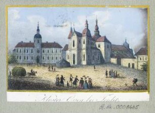 Ansicht vom Kloster Osek, Radierung, 1840 : Kloster Osseg bei Teplitz, [ca. 1840]. - 1 Kunstblatt : kol. Radierung ; 8,0 x 4,8 cm.