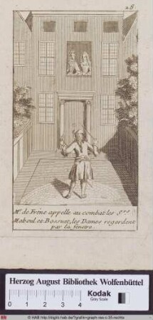 Ein Mann in einem Hof präsentiert zwei am Fenster stehenden Damen eine Degen und eine Pistole und fordert zum Duell.