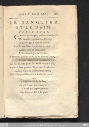 Le Sanglier Et Le Daim. Fable XXXI.