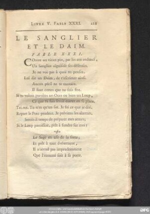 Le Sanglier Et Le Daim. Fable XXXI.