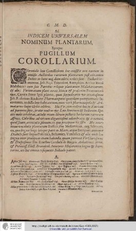 C. M. D. Ad INDICEM UNIVERSALEM NOMINUM PLANTARUM, Ejusque PUGILLUM COROLLARIUM.