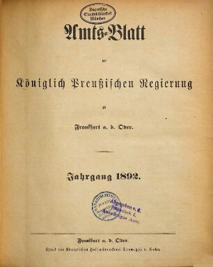 Amtsblatt der Regierung zu Frankfurt a.d. Oder. 1892