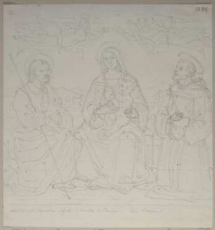 Thronende Maria mit dem Kind zwischen zwei Heiligen, nach einem Gemälde von Giovanni Francesco Penni in der Sakristei von San Francesco al Monte bei Perugia