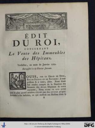 Édit du Roi, concernant la Vente des Immeubles des Hôpitaux.