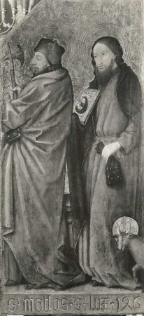 Unbekannter Meister (etwa 1460). Reste eines Altars. Rechter Flügel St. Matthäus, St. Lucas. Öl/Holz?; 141 x 65 cm