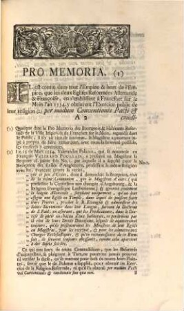 Mémoire Au Sujet De L'Exercice Libre & Public De La Religion Reformée : Solicité Par Les Bourgeois & Habitants Reformés De La Ville Imperiale De Francfort Dans L'Enceinte De Ses Murs. Avec Des Remarques Y Jointes Du Magistrat