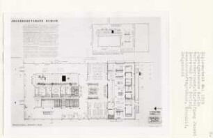Jugendgästehaus, Berlin-Tiergarten (Diplomarbeit bei Peter Poelzig): Gemeinschaftsgebäude, Grundriss Erdgeschoss 1:100, 1:200 und Möblierungsvorschläge