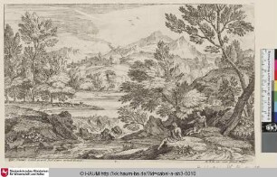 [Landschaft mit zwei rastenden Männern im Gespräch an einer Flussbiegung mit kleinem Wasserfall; Waterfall; La chute d'eau]