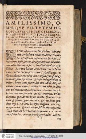 AMPLISSIMO, OMNIQVE VIRTVTVM HEROICARVM GENERE CELEBERRIMO ANTISTITI, R.D. JOANNI SARAZINO, [...]