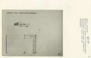 Entwurf zu einem Hallenschwimmbad (Diplomarbeit bei Kurt Dübbers): Grundriss Obergeschoss 1:100 und Perspektivische Ansicht