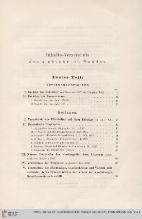 Inhalts-Verzeichnis des siebzehnten Bandes