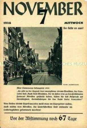 Kalenderblatt eines Abreißkalenders zur Saar-Abstimmung ("Abstimmungskalender")