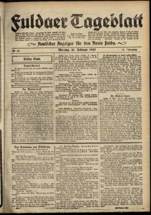 Erste Ausgabe vom Montag, den 21. Februar 1921.