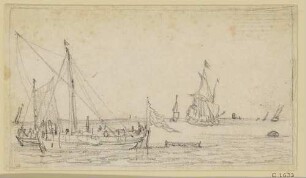 Zwei ankernde Segelschiffe mit Takelage, recht hinten Schiff mit Segeln
