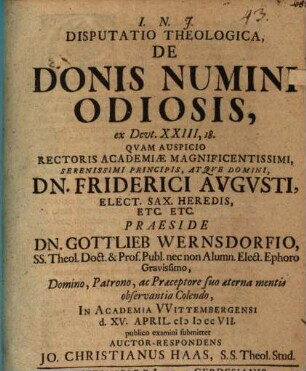 Disputatio Theologica, De Donis Numini Odiosis, ex Deut. XXIII, 18.