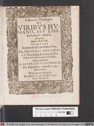Disputatio Theologica De Viribus Humanis, Seu Libero hominis arbitrio