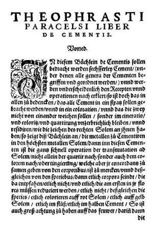 Theophrasti Paracelsi Liber De Cementis.