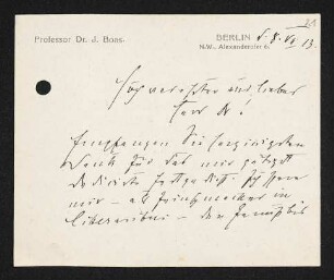 Brief von Ismar Boas an Gerhart Hauptmann