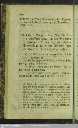 Zwanzigste Regel. Die Pflege der Augen betreffend